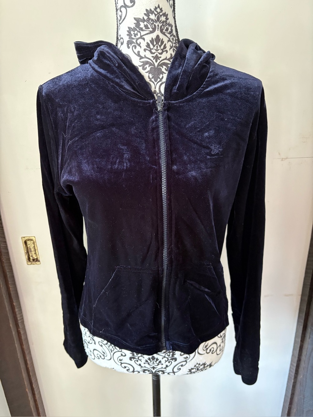 So Sporty Deep Navy Blue Velvet Zip-Up Hoodie Size XL